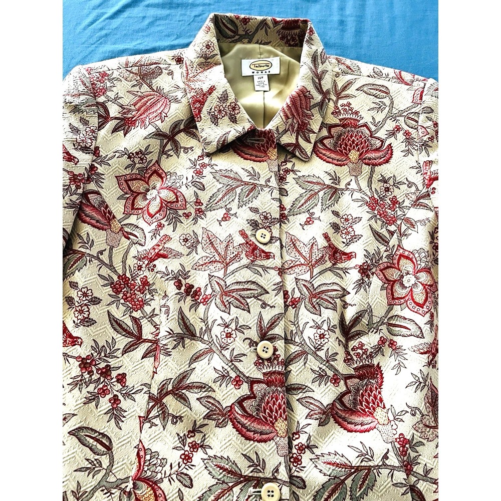 TALBOTS Womens Blazer Size 14W Floral Birds Textured Cotton Silk Casual Jacket - Picture 2 of 10